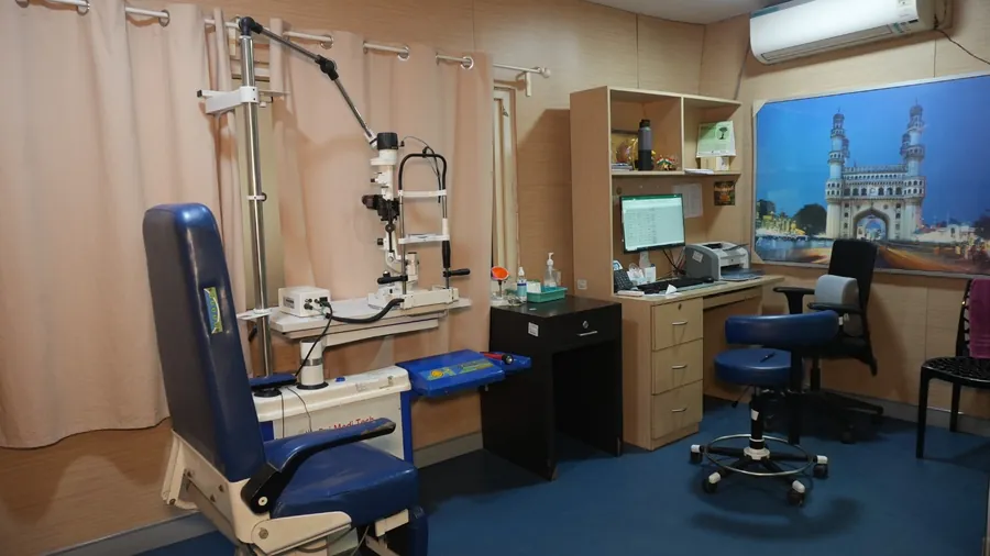 Examination room with the slit lamp and patient chair ready