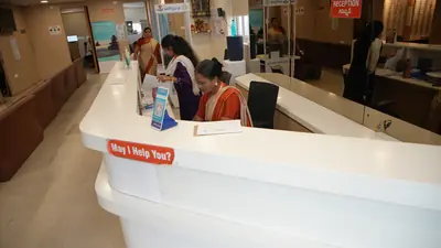 Wide view of the hospital reception counter and waiting area