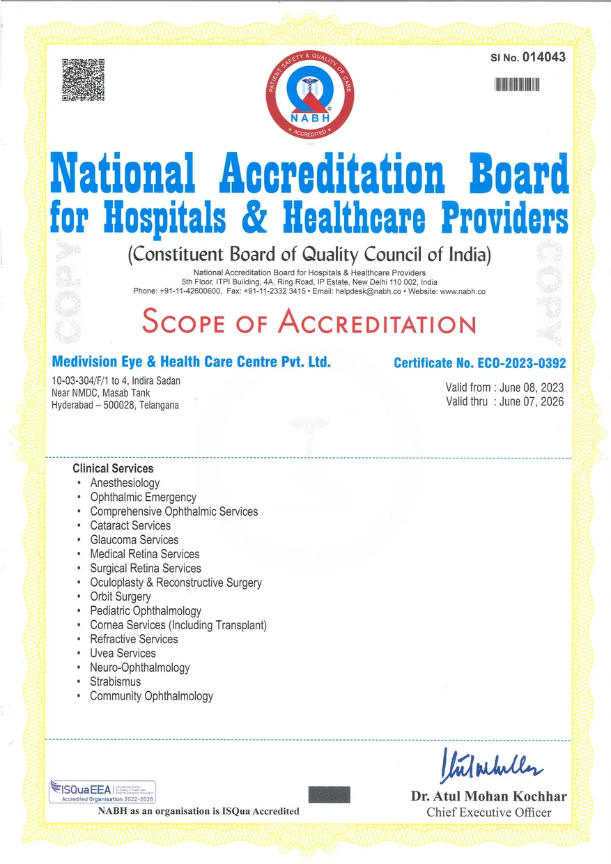 MediVision Eye Care Centre NABH accreditation certificate, page 1